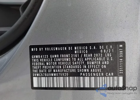 2021 Volkswagen Jetta 1.4T R-Line/1.4T S/1.4T Se from USA, damaged, VIN 3VWC57BU9MM075920